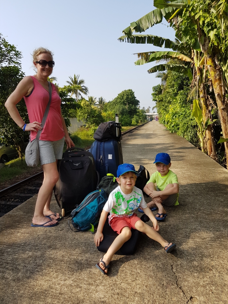 All packed up and ready to catch our train to Galle. Getting on a packed Sri Lankan train is no mean feat and requires teamwork!