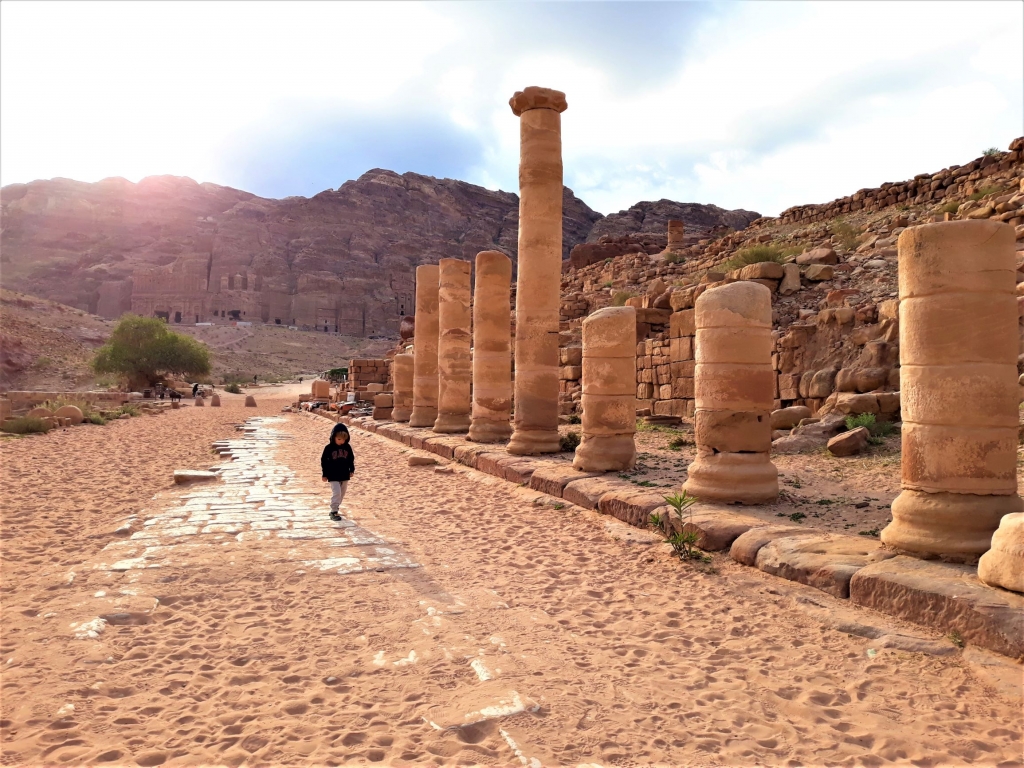Kids visiting Colonnaded Street in Petra