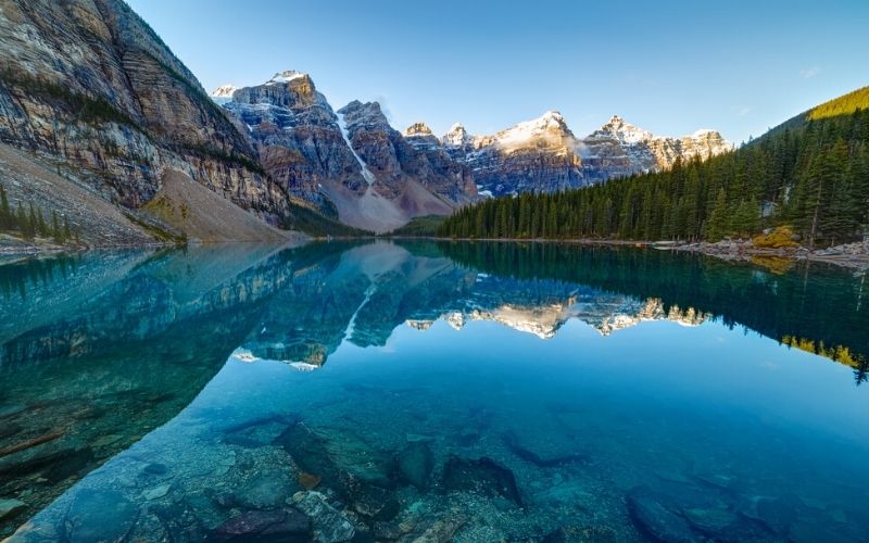Mountain reflections in Moraine Lake.
