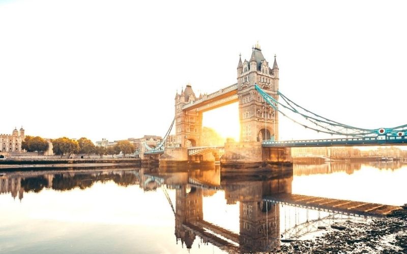 Tower Bridge in London at sunrise.