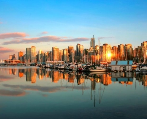 Downtown Vancouver skyline at sunset.