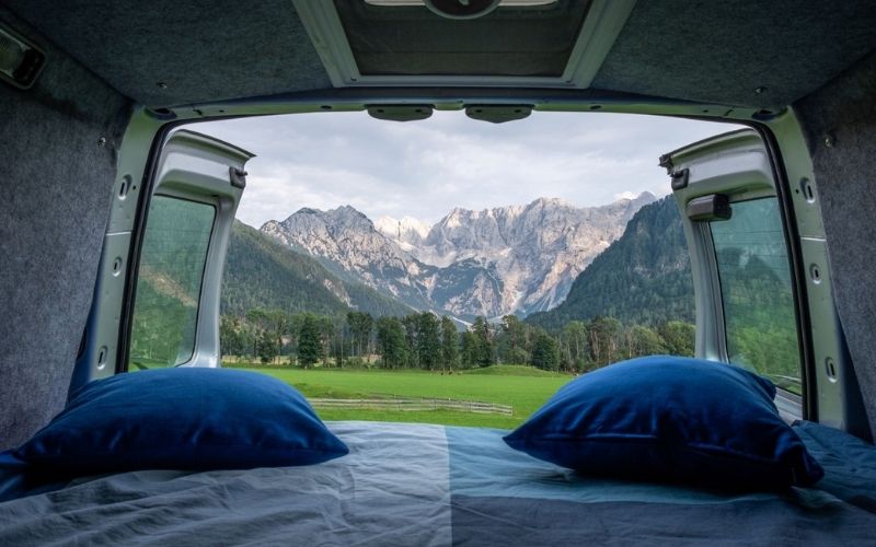 Beautiful mountain views from a campervan.