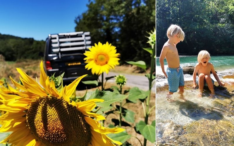 Campervan parked on side of road by sunflowers and kids paddling.