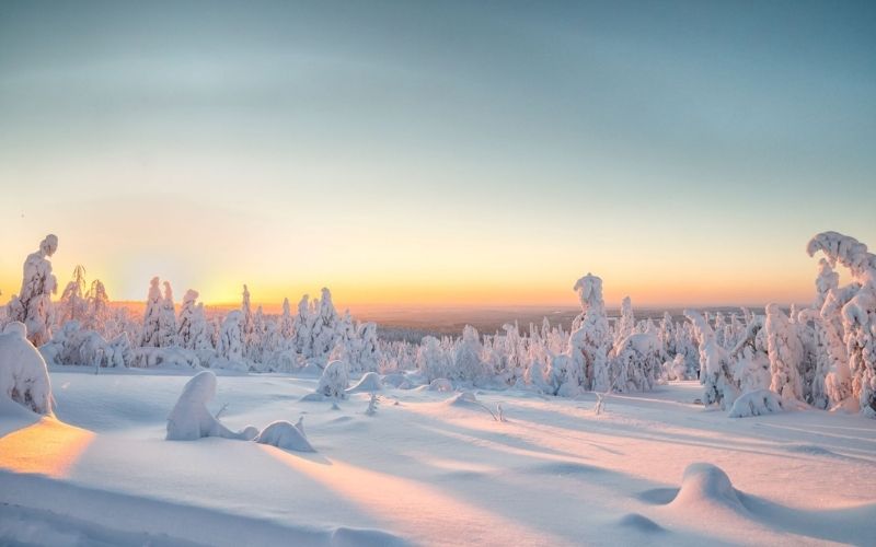 Sunrise in winter in Lapland.