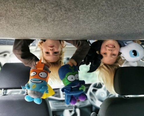 campervanning with kids up in the pop top roof with their cuddly toys.