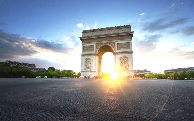 Arc de Triomphe in Paris at sunset.