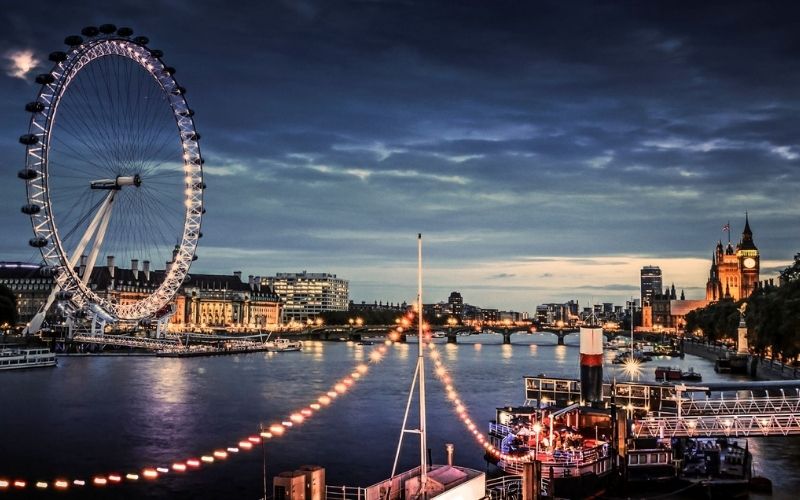 London Eye at twilight with lights of the London skyline.