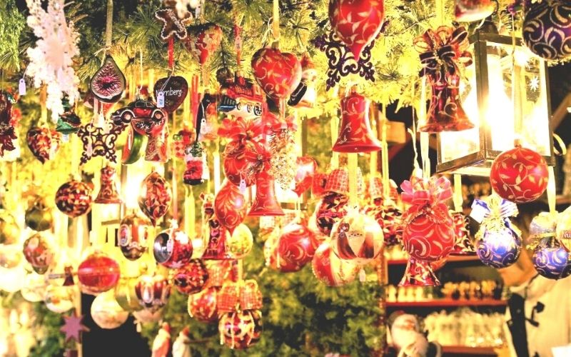 Christmas decorations on a Christmas market stall