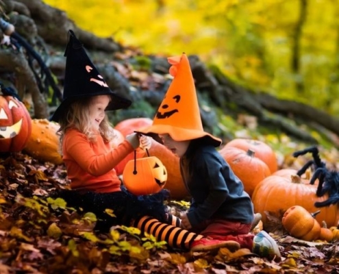 Two children dressed in Halloween costumes in a wood with pumpkins.