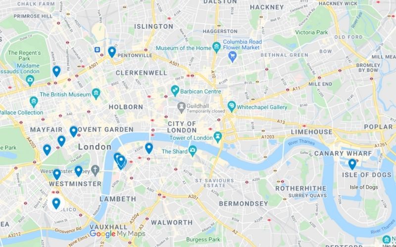 Map of the best family hotels in London.