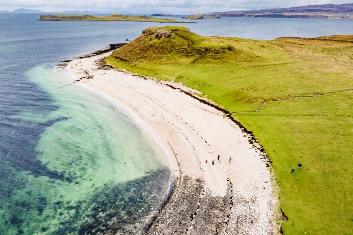 Aerial view of Coral Beach on the Isle of Skye in Scotland.