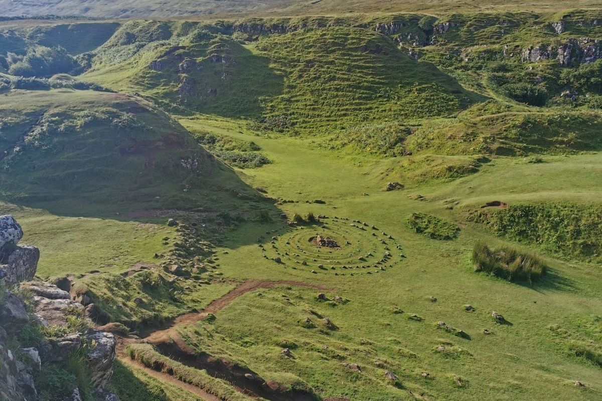 Aerial view of the stone circle from Castle Ewen at the Fairy Glen on the Isle of Skye.