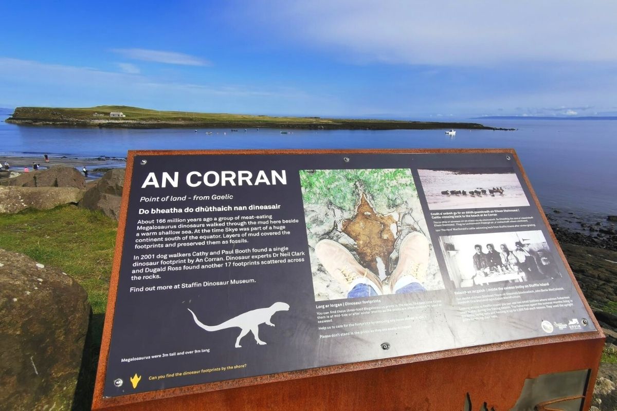 Information board at An Corran beach on the Isle os Skye on a sunny day.