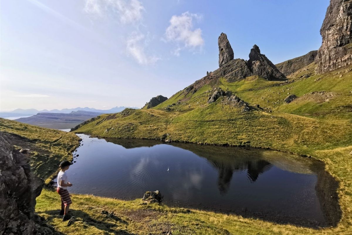 Skimming stones on a lake at the Old Man of Storr on the Isle of Skye.