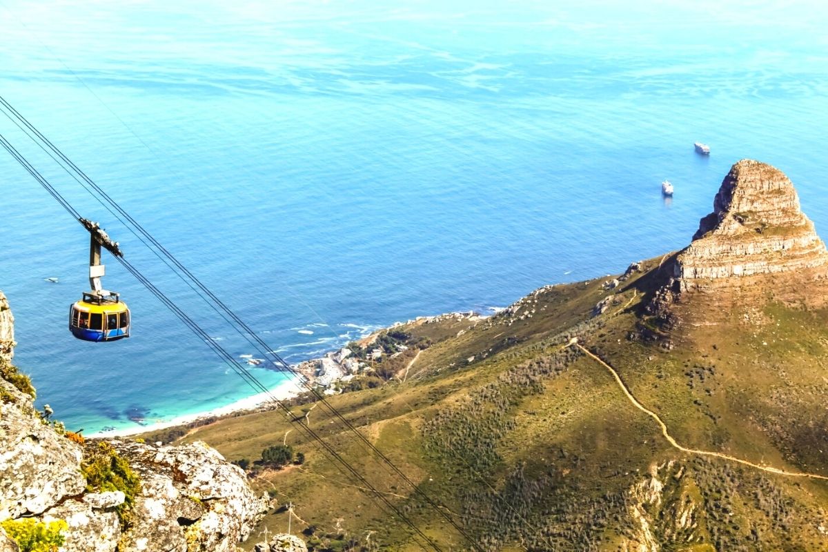 Table Mountain cable car with views of Lions Head and the ocean.