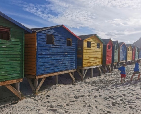 The colourful beach huts on Muizenberg Beach near Cape Town in South Africa