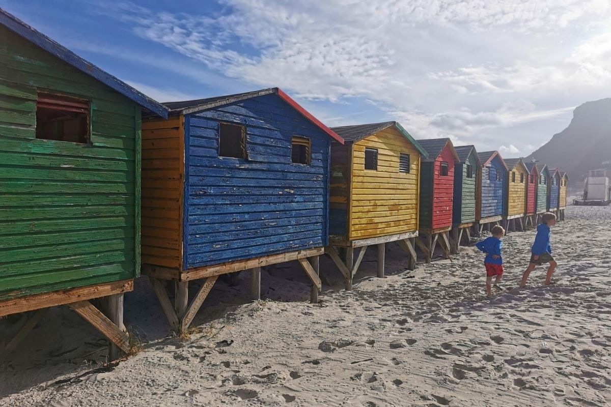 The colourful beach huts on Muizenberg Beach near Cape Town in South Africa