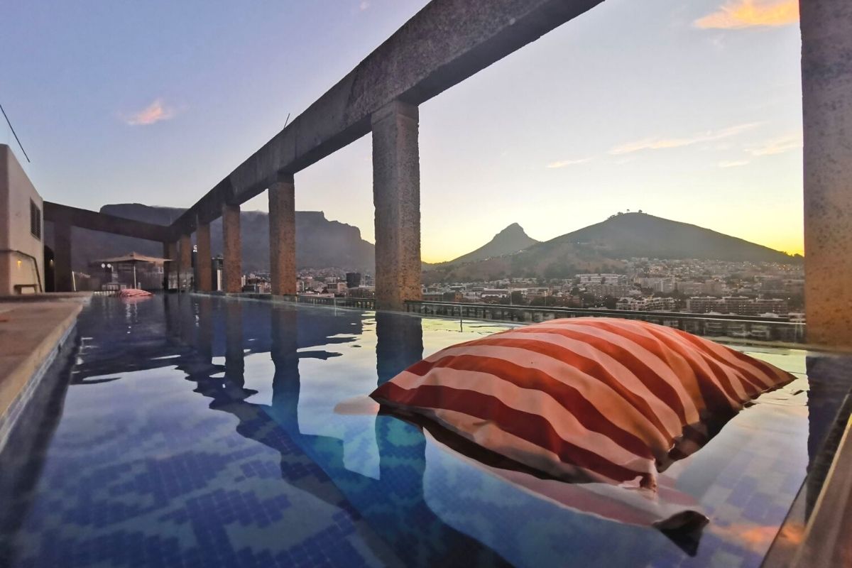 View of Table Mountain from the pool at the Silo Rooftop in Cape Town.