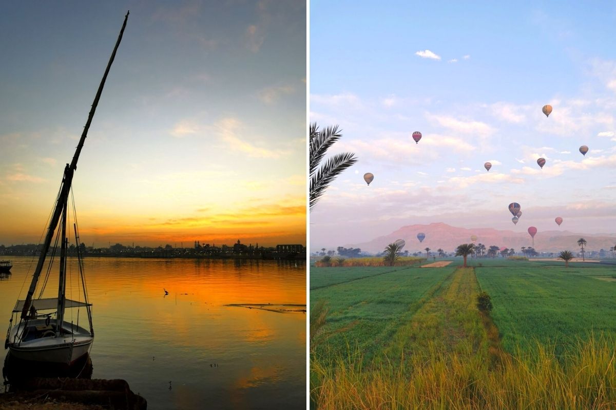 Boat on the River Nile at sunrise and hot air balloons flying over the Valley of the Kings.