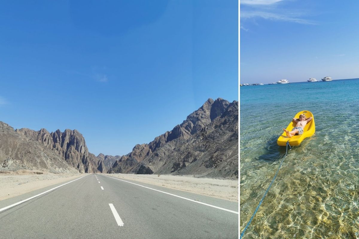 Desert highway and child relaxing on a yellow sun lounger in the sea.