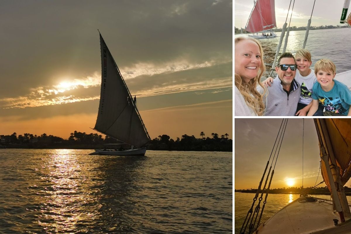 Family taking a Felucca trip at sunset in Luxor.
