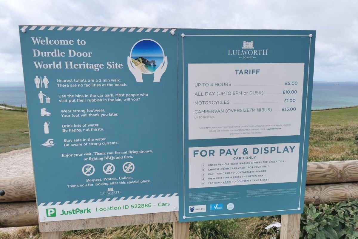 Parking charges at Durdle Door car park in Dorset.