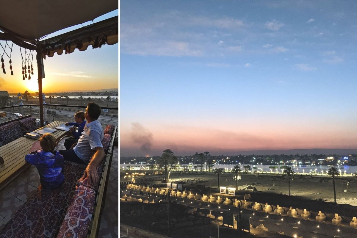 Sunset views of Luxor Temple and the Avenue of the Sphinxes from the Al Sahaby Lane rooftop restaurant at the Nefertiti Hotel in Luxor.
