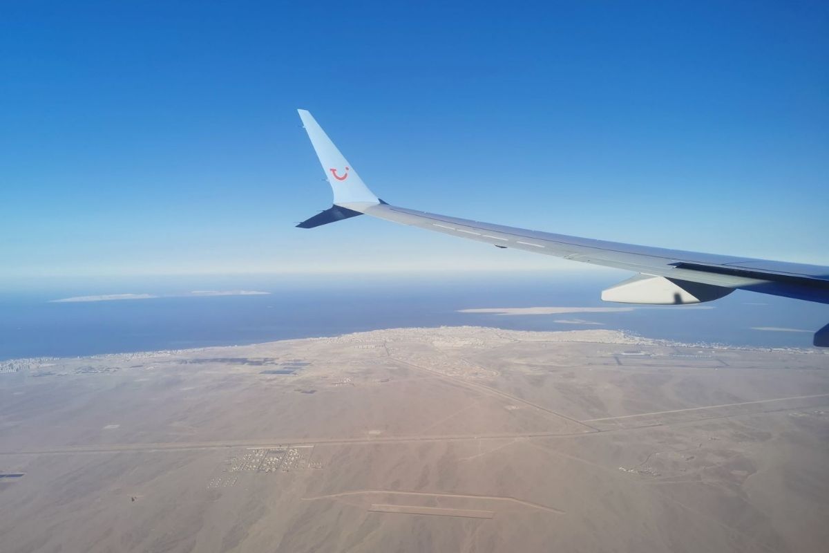 TUI flight coming into land in Hurghada Airport in Egypt.
