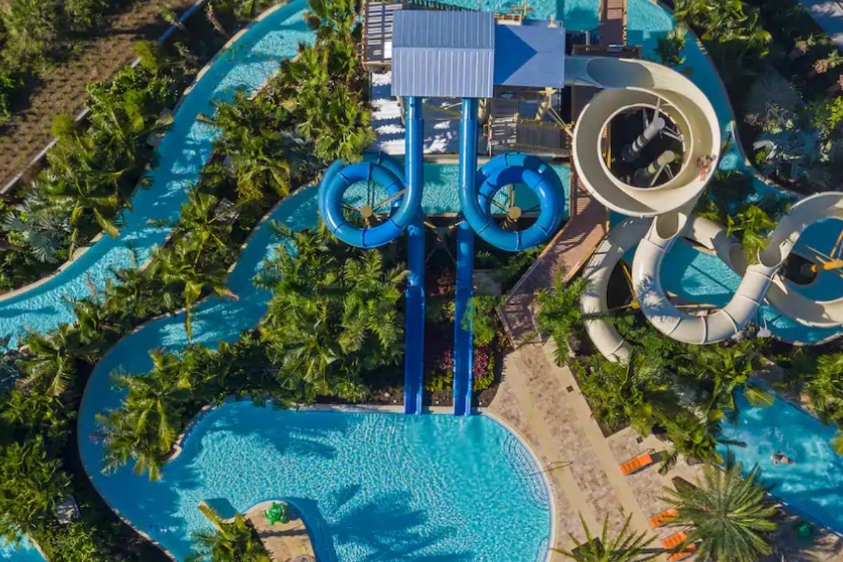 Aerial view of the water slides at the Hyatt Regency Coconut Point Resort and Spa in Florida.