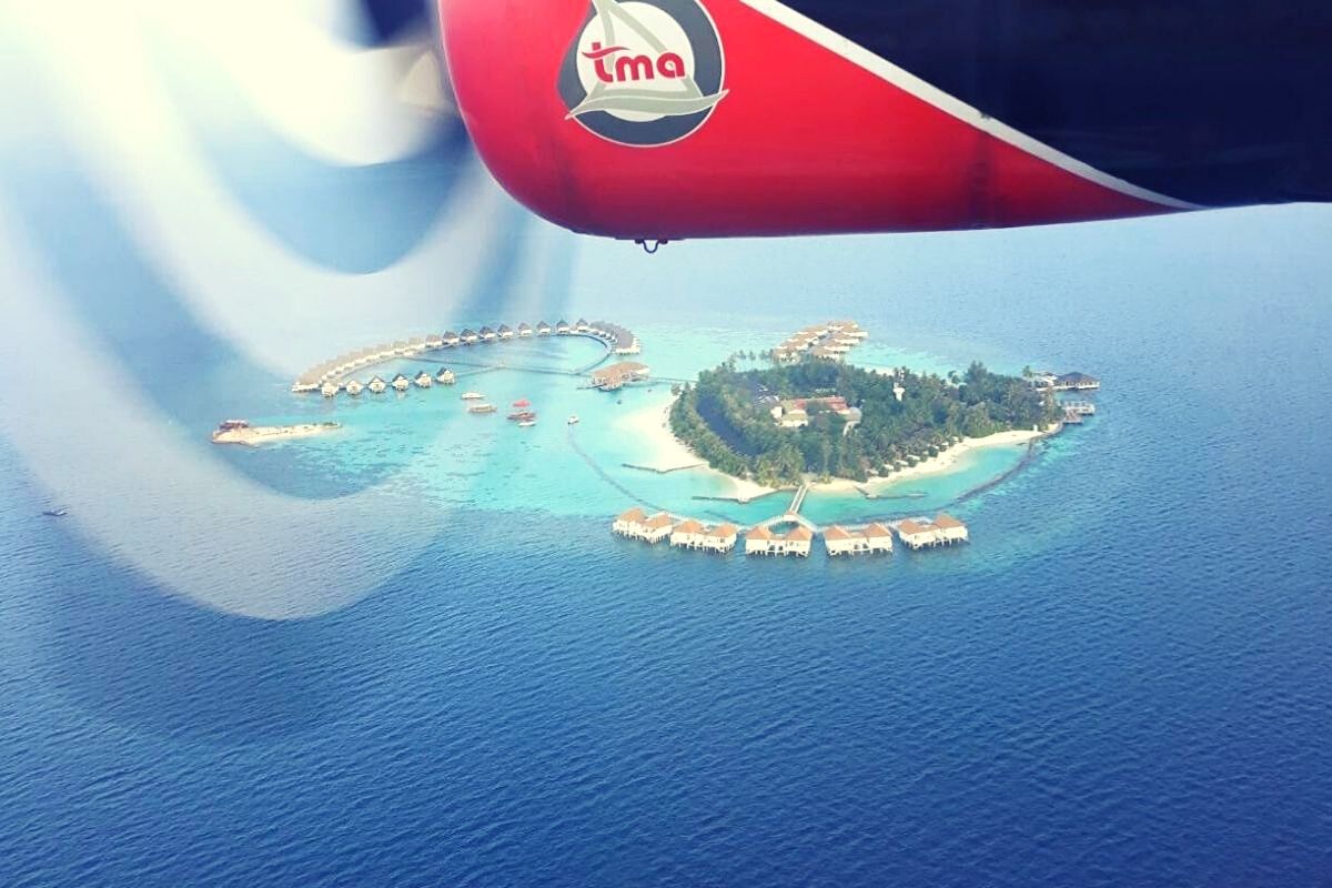 Aerial view of the Centara Grand Island Resort & Spa Maldives from the seaplane.