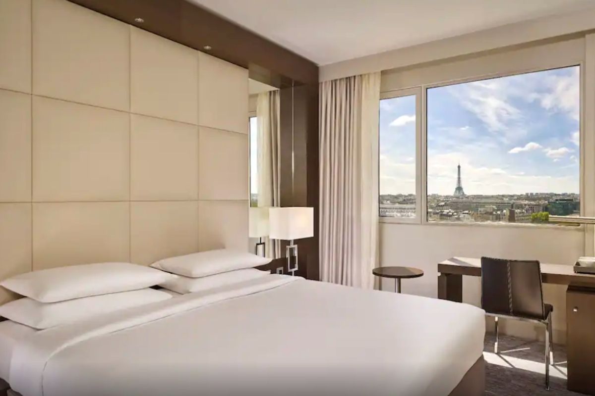 Eiffel Tower view from a standard king room at the Hyatt Regency Paris Etoile hotel.