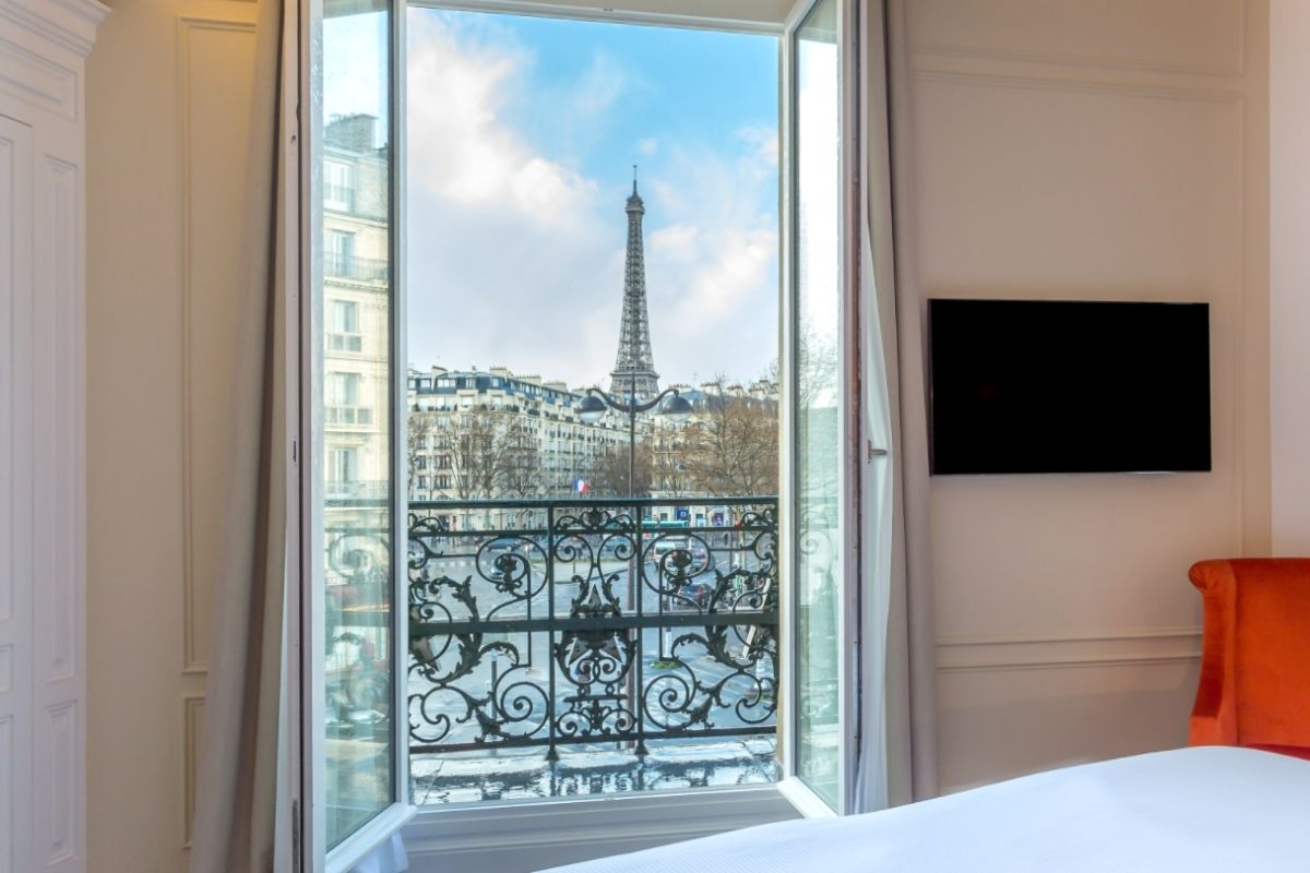 Eiffel Tower view from the Comtesse room at Hotel La Comtesse Paris.