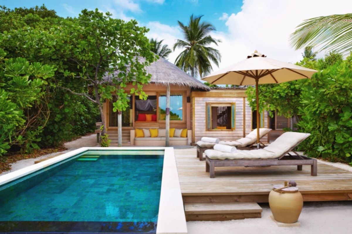Family beach front villa at Six Senses Laamu in the Maldives.