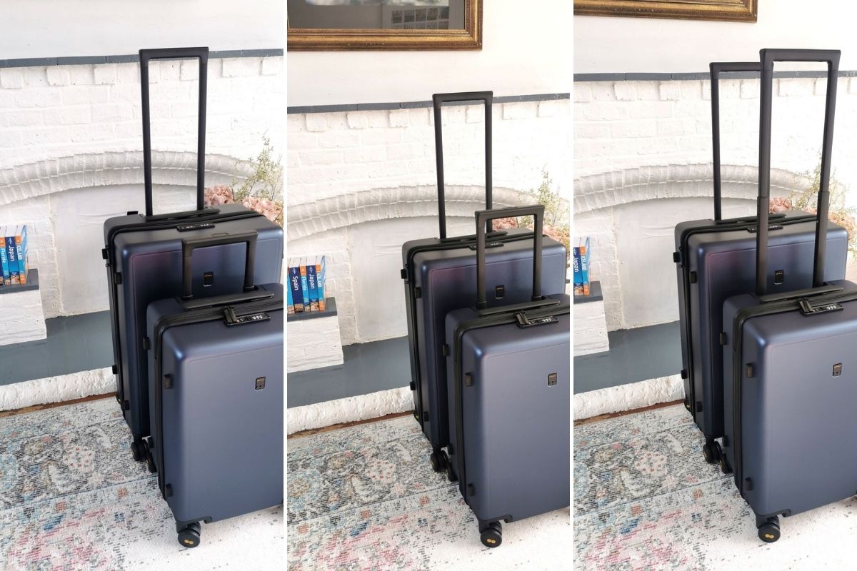 Level8 Luggage Review showing 3 different heights of the telescopic handle of the Level8 Textured Luggage Set 20 inch and 26 inch.