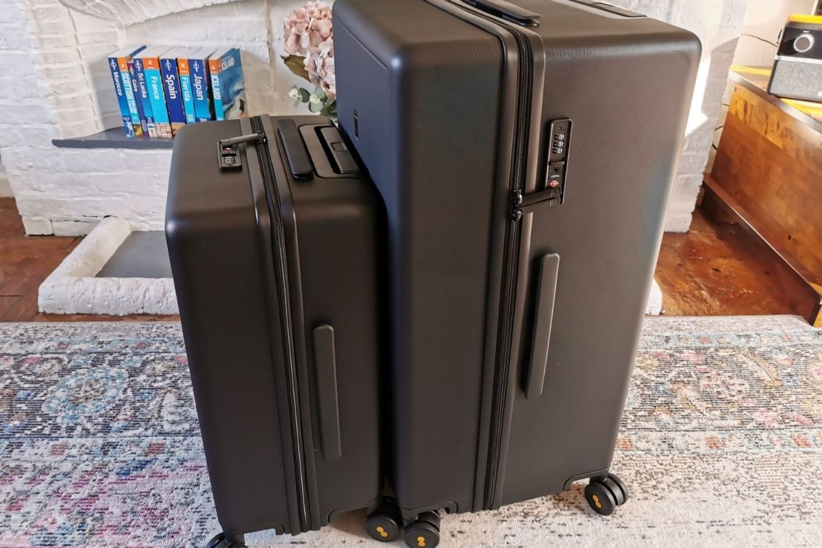 Level8 textured luggage set showing 20 inch and 26 inch cases in black.