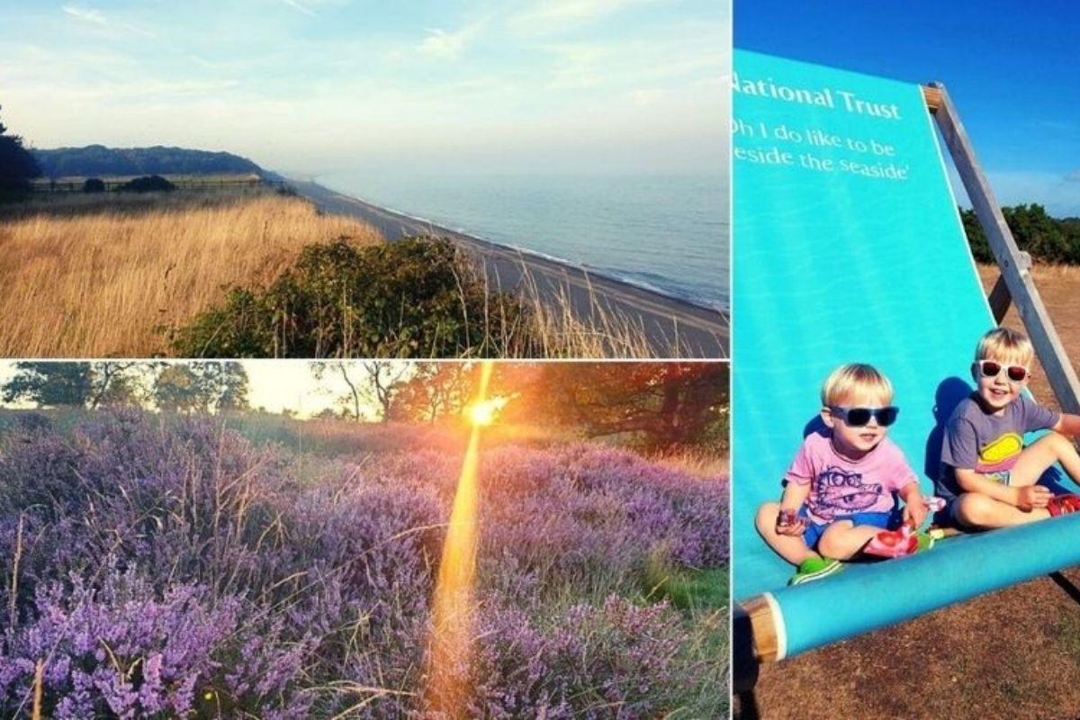 Photos of Dunwich beach and heath and two boys sitting on a large deck chair.