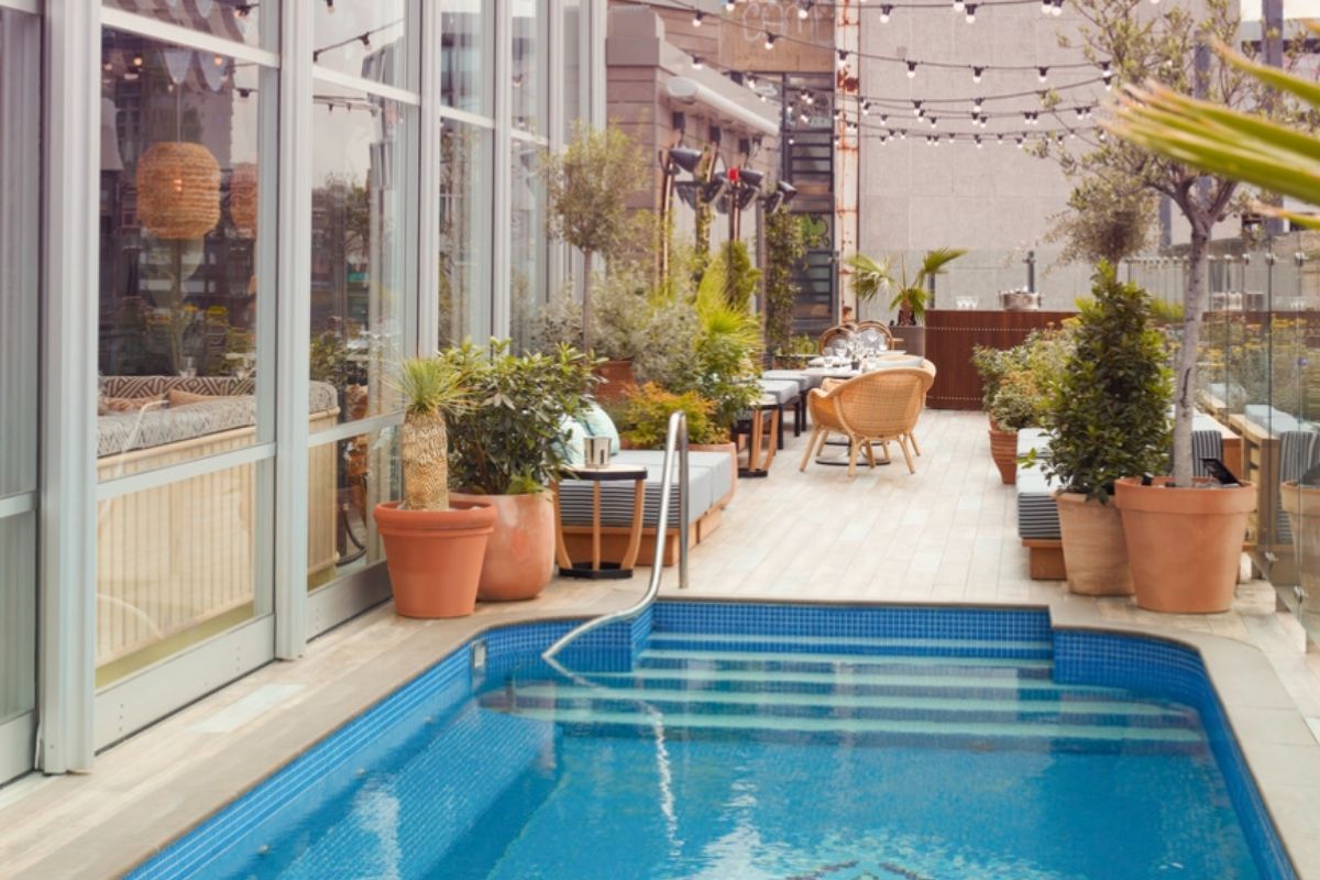 Rooftop pool at the Mondrian Shoreditch - one of the hotels in London with outdoor pools.