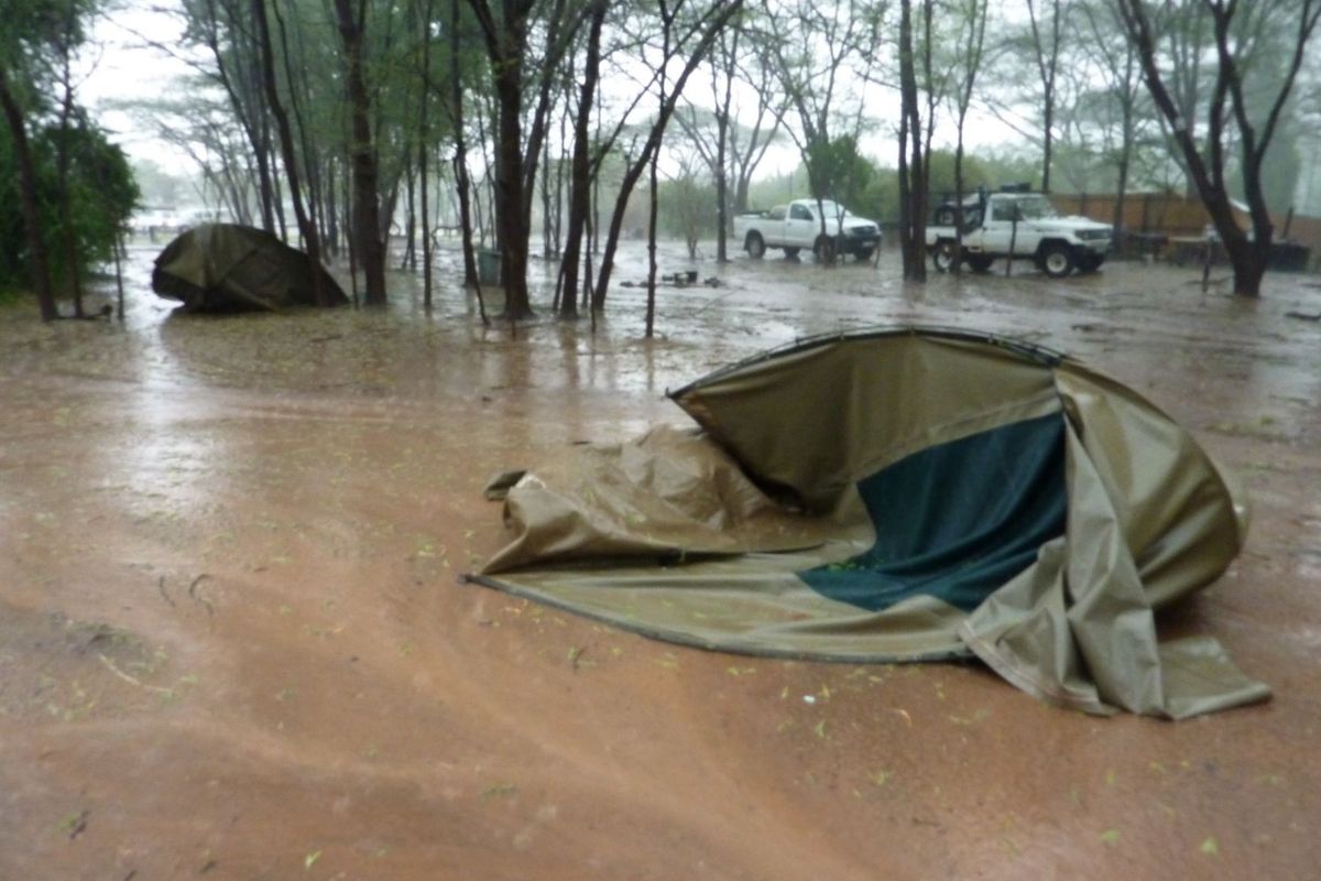 Tent washed away during a storm.