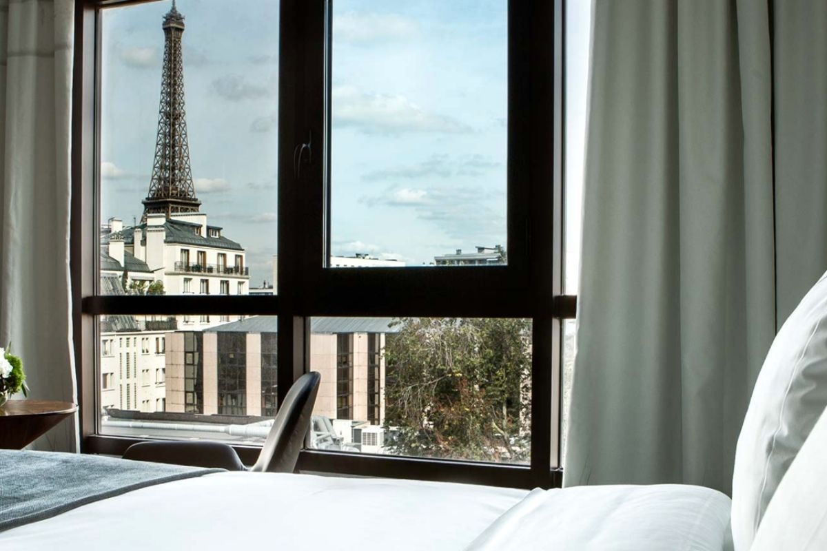 Views of the Eiffel Tower from a Classic Double Room at Le Parisis Hotel in Paris.