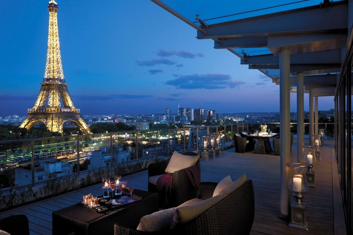 Views of the Eiffel Tower from the terrace of La Suite Shangri-La in Paris.