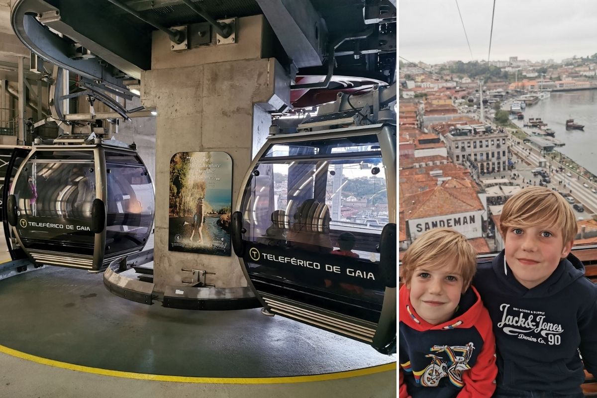 Kids riding the Teleferico de Gaia cable car in Porto.