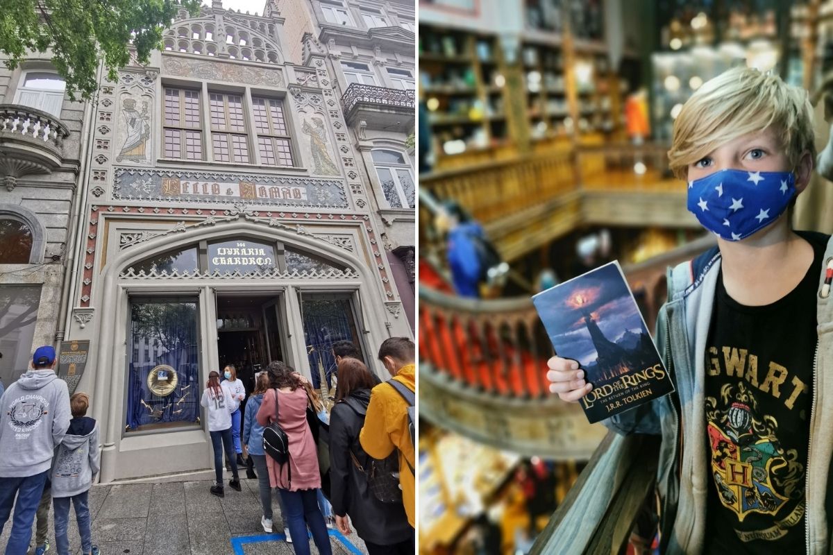 Queue outside Livraria Lello in Porto and little boy wearing a mask holding a copy of the Lord of the Rings inside Livraria Lello bookshop.