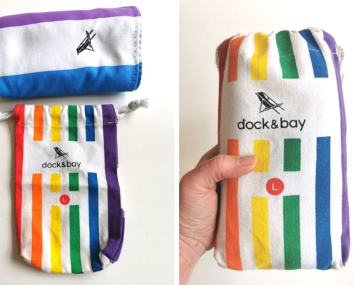 Rainbow striped Dock and Bay towel with matching carry case.