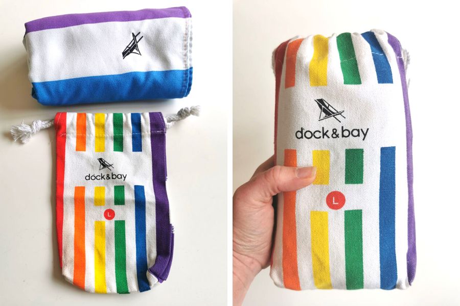 Rainbow striped Dock and Bay towel with matching carry case.