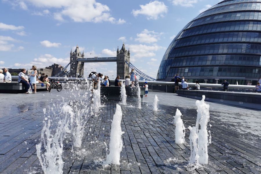 Splash feature by City Hall in London with Tower Bridge in the background.