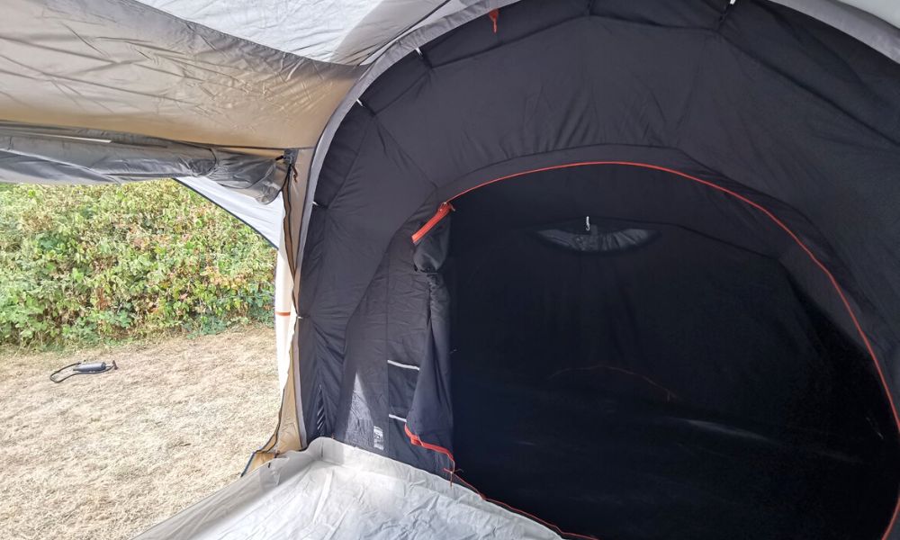Black out bedroom of the Quechua 4 person inflatable blackout tent.