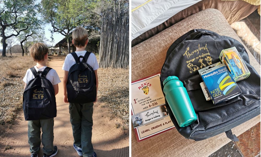 Children at Jackalberry Lodge wearing their Ranger in Training backpacks and the contents of the backpacks shown.