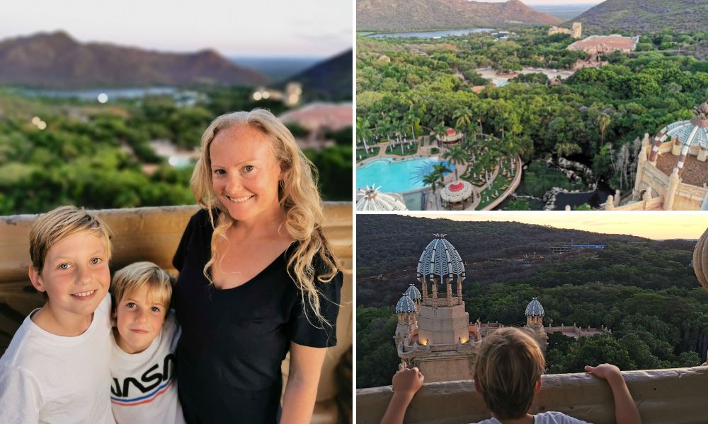 Family visiting the King Tower at The Palace of the Lost Kingdom at Sun City and views from the tower - climbing the tower is one of our top tips in our review of Sun City Resort for families.