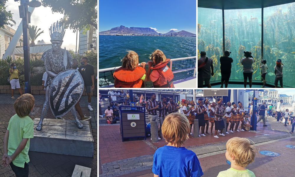 Images of kids at the V&A Waterfront - one of the best places to stay in Cape Town for families.