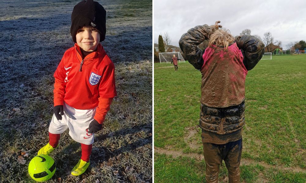 Little boy playing football in cold and wet and muddy weather.